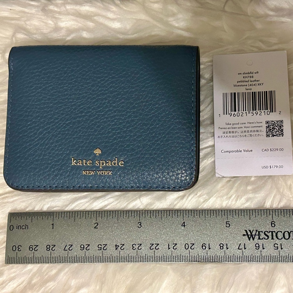 Kate Spade ♠️ New York Bifold Pebbled Leather Wallet Bluestone Lena NWT